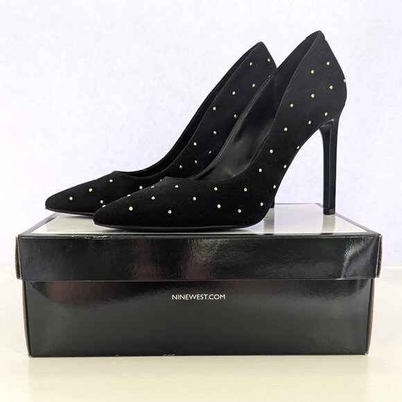 NIB Nine West Tiger Shark Black Suede Studded Pointy Toe Pumps Size 8.5 M - Picture 1 of 7